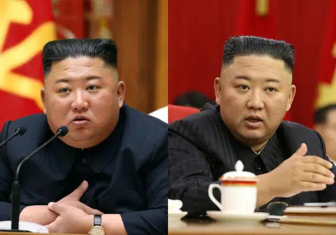 金正恩最近一次露面（右）明显比过去（左）瘦了不少。（红蚂蚁制图）