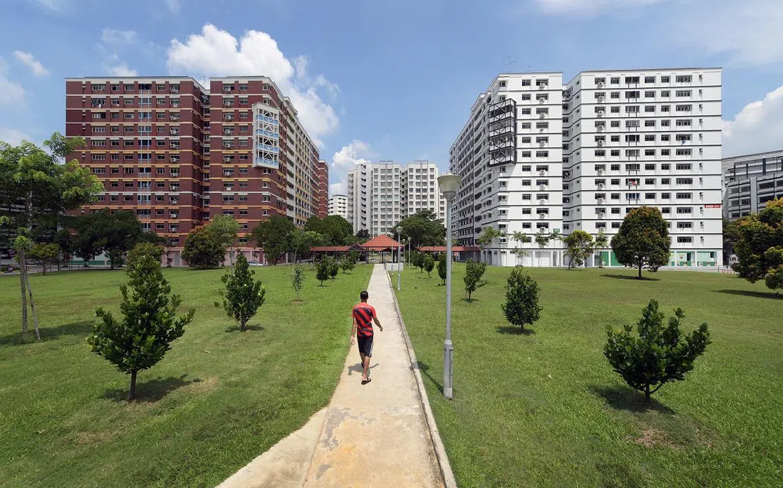 淡滨尼第9道附近设计复古独特的红砖组屋，2016年正慢慢地换上了具有现代摩登感的灰白色样貌。（海峡时报）