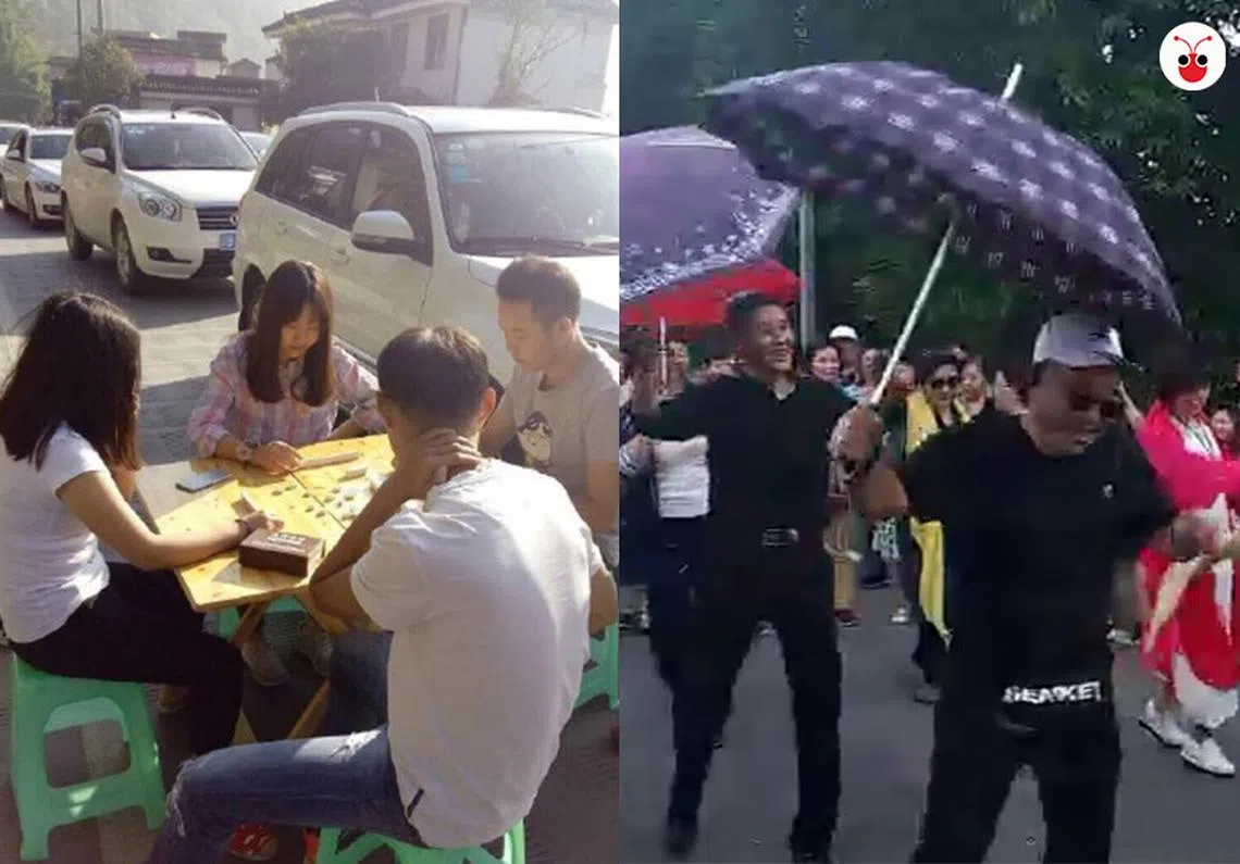 中国大爷大妈们很会苦中作乐，新马关卡堵车跳广场舞就算了，平时居然还会打打麻将。（视频截图）