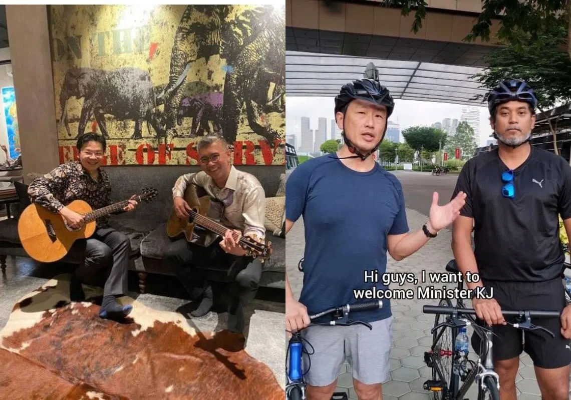 新马财长黄循财和东姑扎夫鲁（左图）和新马卫长王乙康及凯里（右图）曾“合作”拍摄TikTok短视频。（红蚂蚁制图）