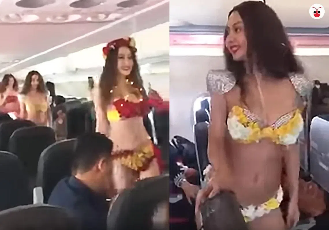 越捷航空的“机舱比基尼秀”让模特儿穿着布料极少的比基尼在狭窄的机舱走道上走起猫步。（谢静怡制图）