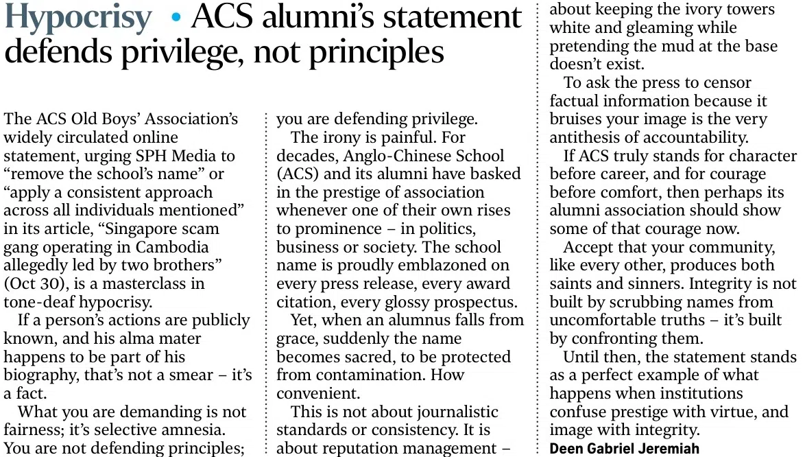 Deen Gabriel Jeremiah在投函中，指责英华中学校友会虚伪，“捍卫特权，不是捍卫原则”。