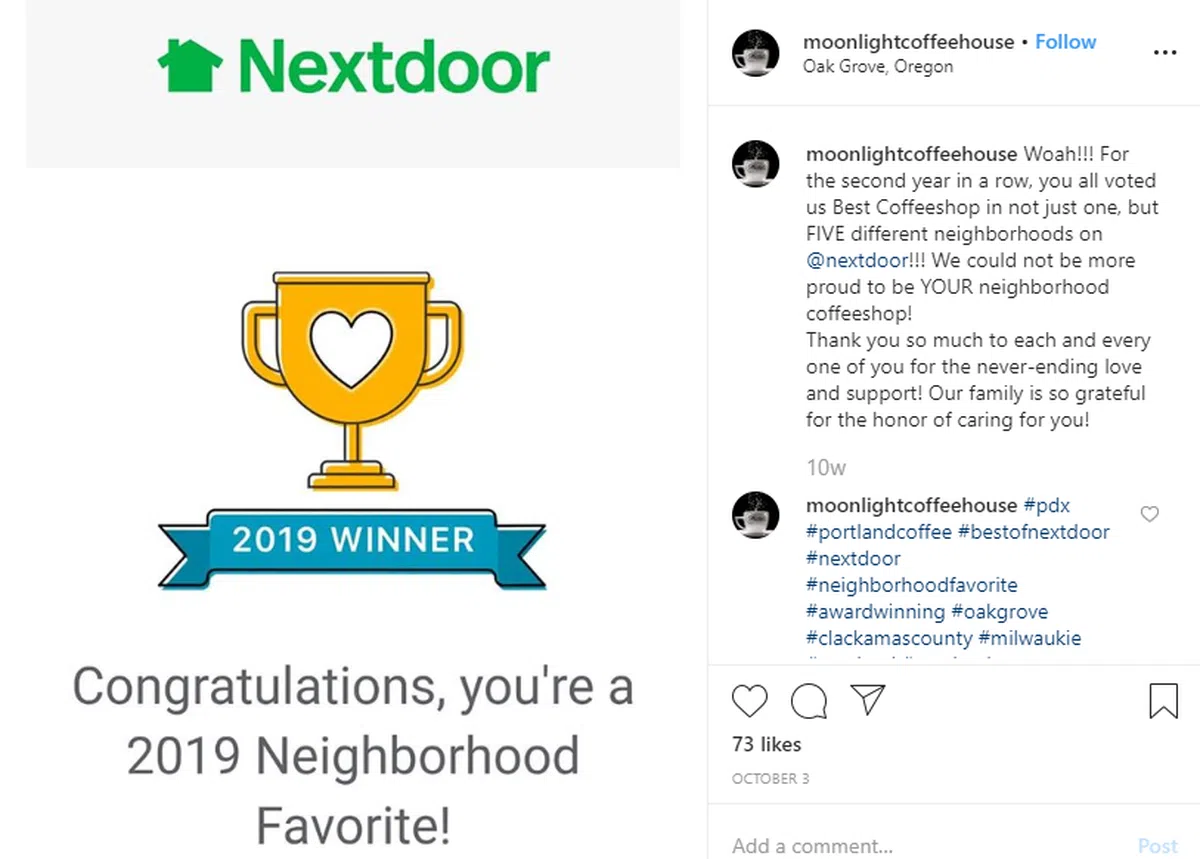  亚当斯经营的月光咖啡店获选为2019好邻居企业，当之无愧。（月光咖啡店Instagram） 