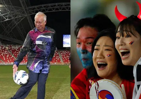 马国前首相纳吉（左）以足球规则中的越位点评马国政局，世界杯上球迷没戴口罩的画面（右）则引起了中国当局的紧张。（红蚂蚁制图）