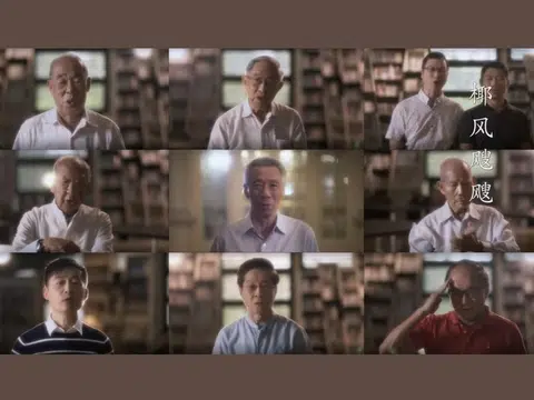 公教中学赫赫有名的校友们齐聚一堂唱校歌。蚁粉们认得出中间最出名的那位校友吗？（视频截图）