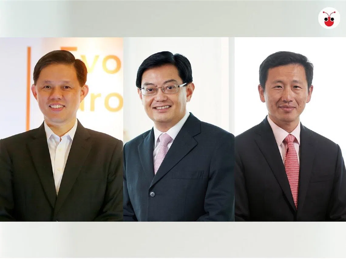 三名总理接班人选“领跑者”的职务变动中，王瑞杰（中）和陈振声（左）似乎比王乙康（右）稍稍跑在前头，开始分担副总理的职责。（卢凌之制图）