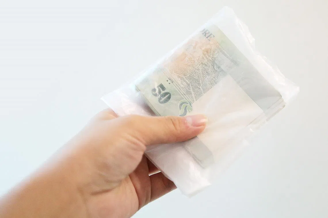 女佣把偷来的钱放进塑料袋再塞进私处，但不知道她塞的是千元大钞，还是100元或50元的钞票，也不知道她是怎么把钱卷起来。（新明日报示意图）