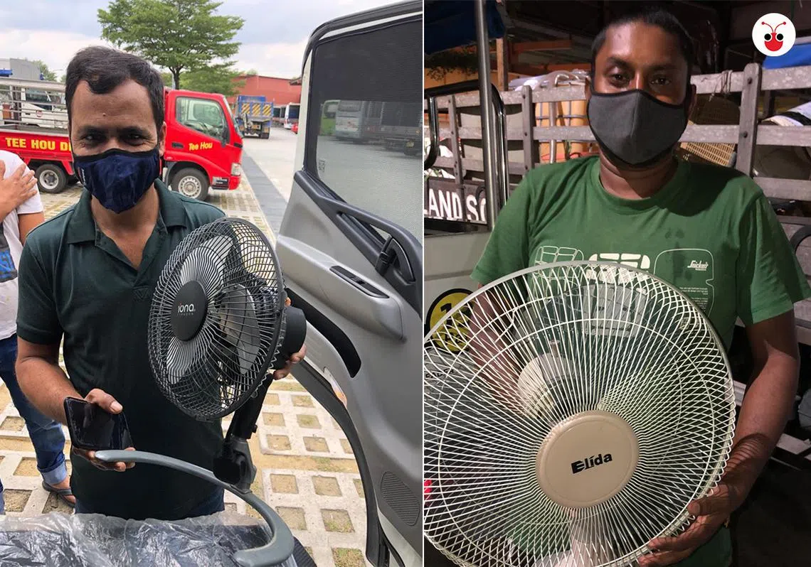 本地客工援助组织ItsRainingRaincoats在烈日下为客工送上风扇、防晒袖套等必需品，缓解他们在户外工作的不适。（ItsRainingRaincoats面簿 / 红蚂蚁制图）