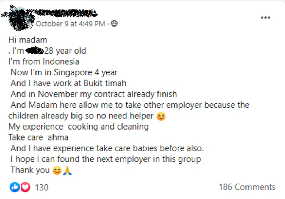 （截自“Singapore transfer helpers (maids) direct hire”面簿） 