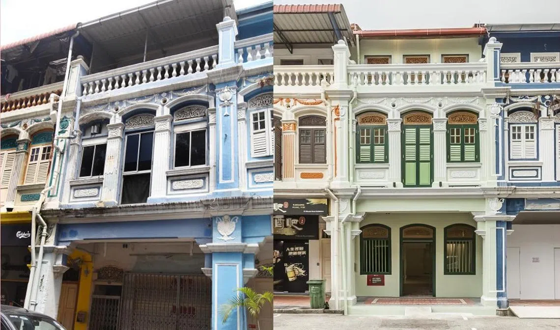 修复前（左，摄于2014年）以及修复后的茂德路75号。（联合早报/Clifton Partners）