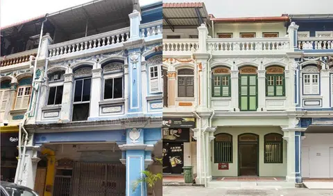 修复前（左，摄于2014年）以及修复后的茂德路75号。（联合早报/Clifton Partners）