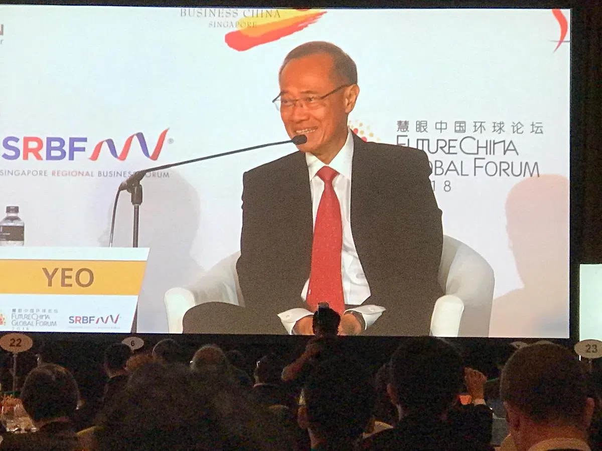  杨荣文28日在“慧眼中国环球论坛” 暨 “新加坡暨区域商务论坛” 2018 特别年会上发言。（沈泽玮摄） 