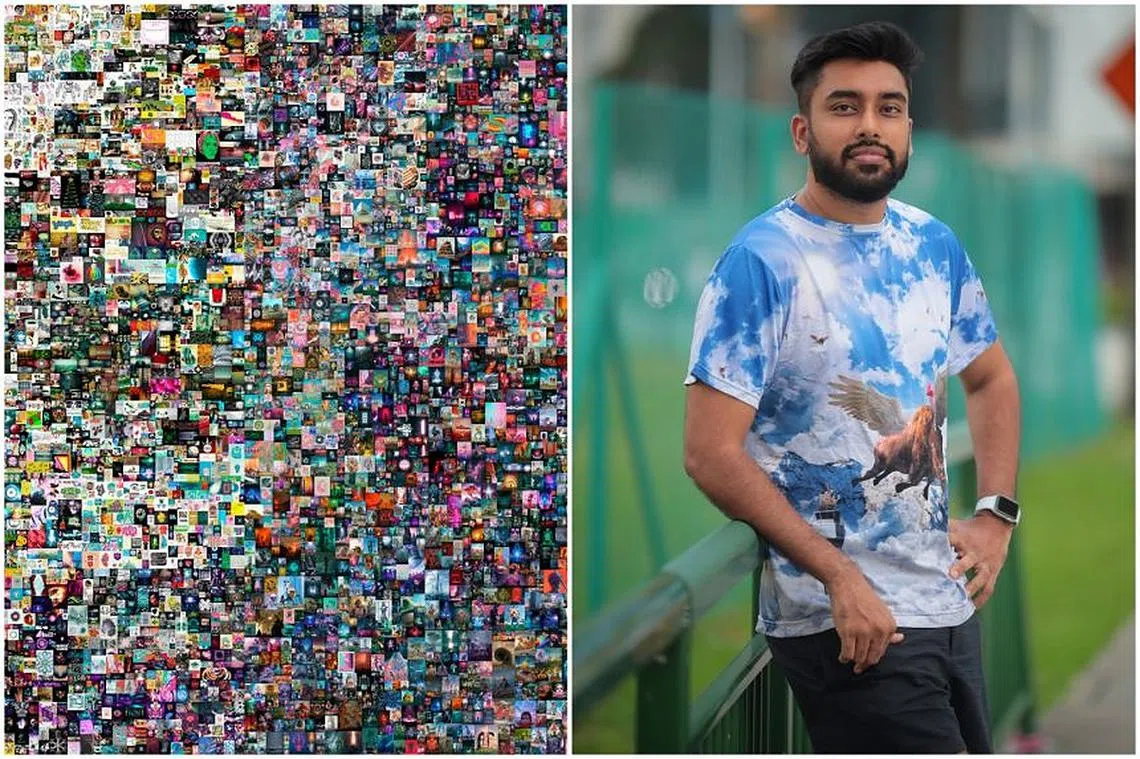 在虚拟世界化名为“Metakovan”的孙达雷森（Vignesh Sundaresan）以9300万新元购得数码画作《每日：首5000日》，引起艺术界轰动。他坚称，自己在现实生活中是普通人，没车没房，把画买下也因艺术家和他一样“从无到有”且背景相同。（Beeple / 海峡时报）