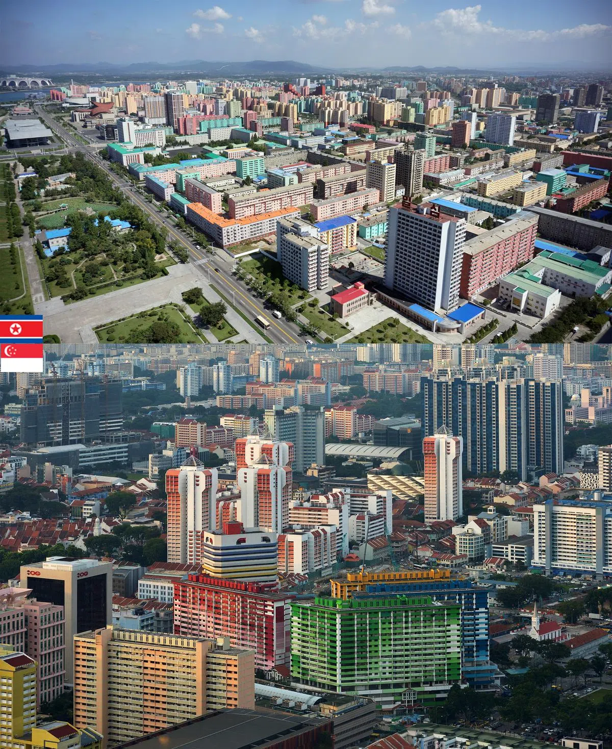  上图：9月9日朝鲜庆祝70周年国庆，平壤市中心许多高楼住宅外墙都被刷上鲜艳的颜色，街道也整治得焕然一新，就连绿化也与我国这个“花园城市”有异曲同工之妙。（海峡时报） 下图：新加坡标志性的“公共住屋”——梧槽组屋区和周边组屋的墙身也是五颜六色，不过梧槽组屋将在今年年底被拆除，让位给即将兴建的南北高速公路。 (海峡时报)   