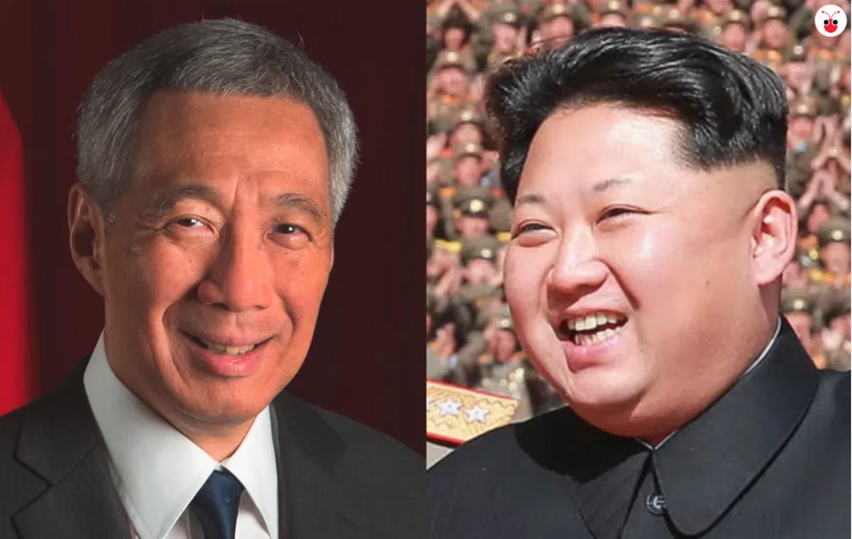  李显龙总理（左）与朝鲜领导人金正恩。（薛渤杨制图） 
