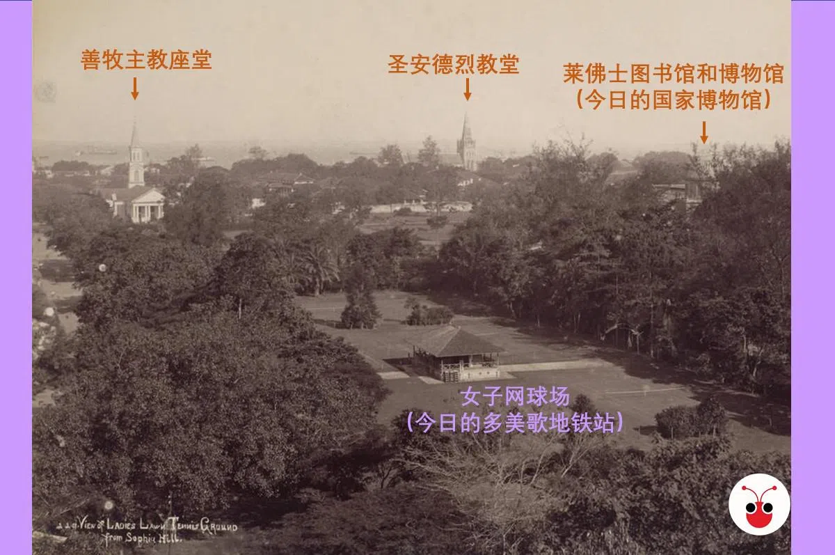 1890年从苏菲雅山鸟瞰多美歌和勿拉士峇沙路。（Roots.sg）