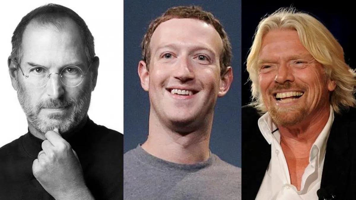  左起：苹果创办人乔布斯（Steve Jobs）、面簿创办人扎克伯格（Mark Zuckerberg）和维京航空创办人理查·布兰森（Richard Branson）大学都没毕业，却不影响他们成就一番大事业。（互联网） 