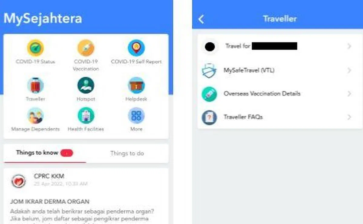 MySejahtera 主页和“Traveller”页面选项。（截图）