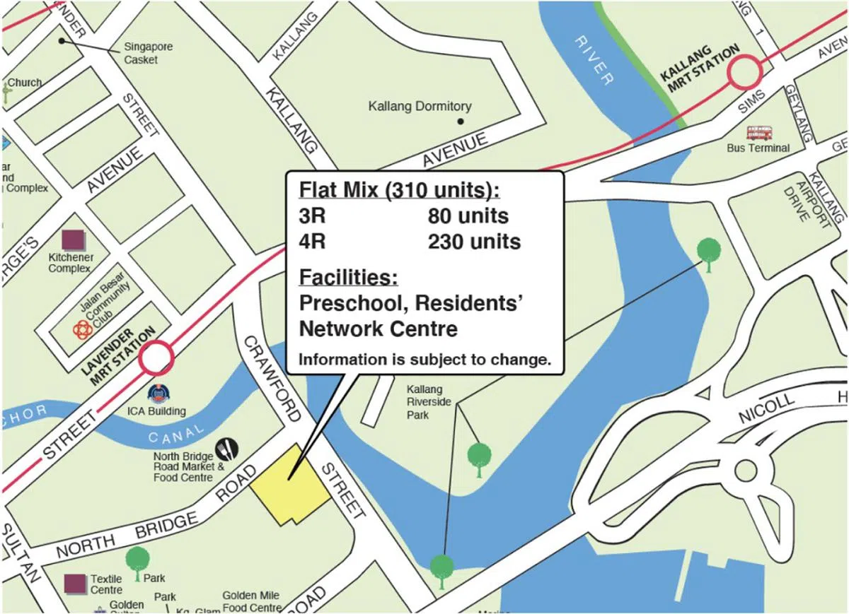 白色组屋将坐落于桥北路和哥罗福街交界处（黄色部分），对面是桥北路巴刹与熟食中心，劳明达地铁站和加冷河畔公园也在不远处。（建屋局提供）