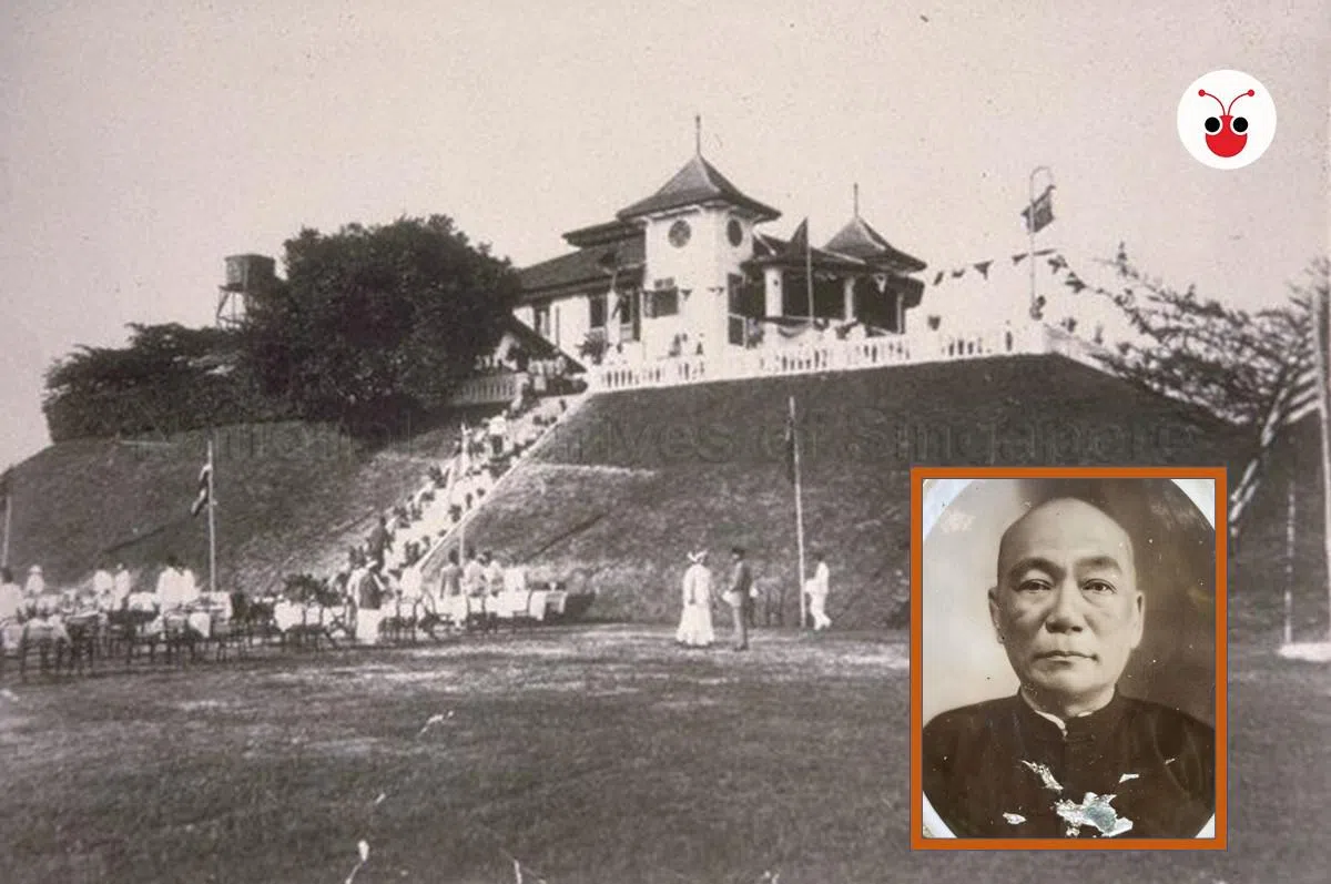 直落布兰雅山公园的前生是华盛顿山，汪声音曾经在这里有个山庄，但于1909年因周转困难而遭拍卖，最后卖给了大地主阿卡夫（Messrs Alkaff）。阿卡夫家族最后于1918年在此建造了照片中的阿卡夫山庄（Alkaff Mansion）。（新加坡国家档案馆）