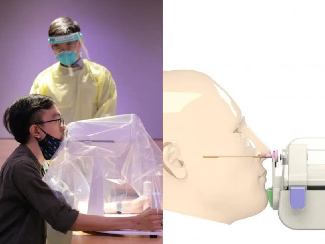 当医护人员将绵棒伸入病患的鼻腔进行拭子检测时，对方难免会感到不适，有时候会把头往后仰，需要试几次才能成功。相较之下，机器人只会在病患做好准备自行启动后才会开始采样，整个过程更快更顺利。（海峡时报/新加坡国立癌症中心）