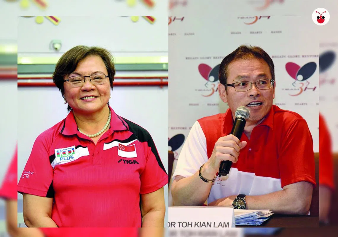新加坡乒乓总会（STTA）常年大会将在本月15日举行，前少年国手卓建南博士（右）将向乒总现任会长李玉云（左）发起挑战。（郭跃男制图）