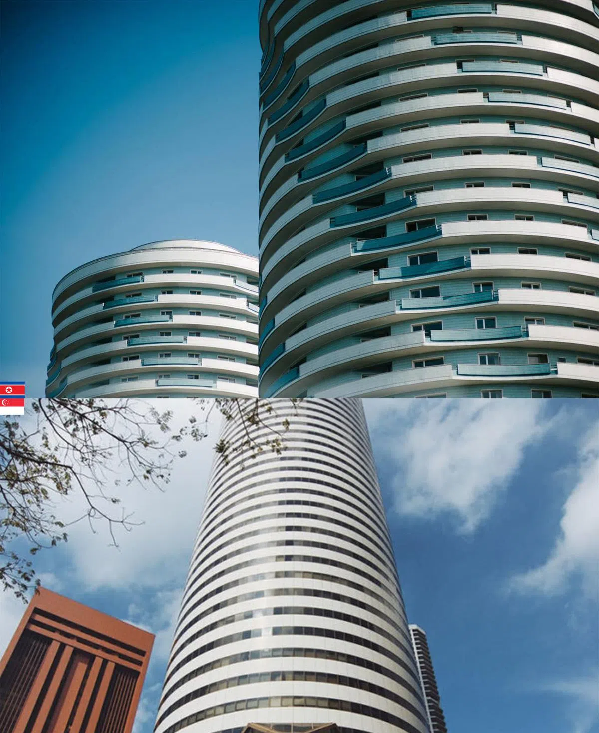  上图：平壤的圆柱形公共住屋。能免费入住这种外形漂亮的公共住屋的，都是对国家作出重大贡献的朝鲜人，例如教授、研究人员和运动健将等。（Mindy Tan摄） 下图：位于新加坡珊顿道上的安盛保险大厦（AXA Tower）建于1986年，一共52层。刚落成时曾作为财政部总部，2007年改名为淡马锡大厦。这栋建筑到目前为止仍然是世界上最高的圆柱体建筑。据说当年之所以会建成圆柱形是因为它看上去像一叠硬币，作为财政部来说寓意格外吉利，不知道朝鲜是否也笃信风水的作用？（互联网）   