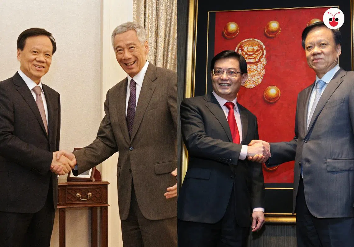 总理李显龙和总理接班人王瑞杰分别会见重庆市委书记陈敏尔。（李国豪制图）