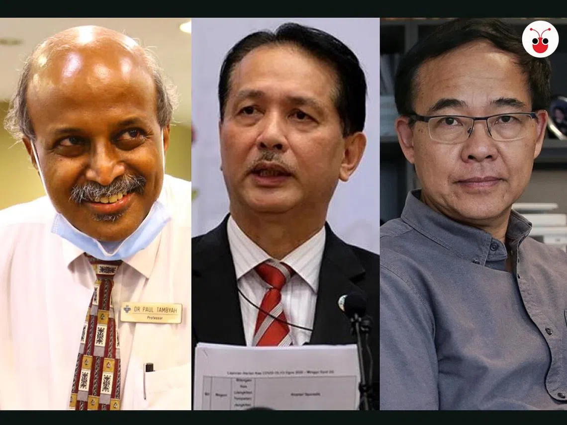 左起：临床微生物学与传染病学亚太学会会长淡马亚教授、马来西亚卫生总监诺希山、杜克—新加坡国立大学医学院新发传染病重点研究项目主任王林发教授。（红蚂蚁制图）