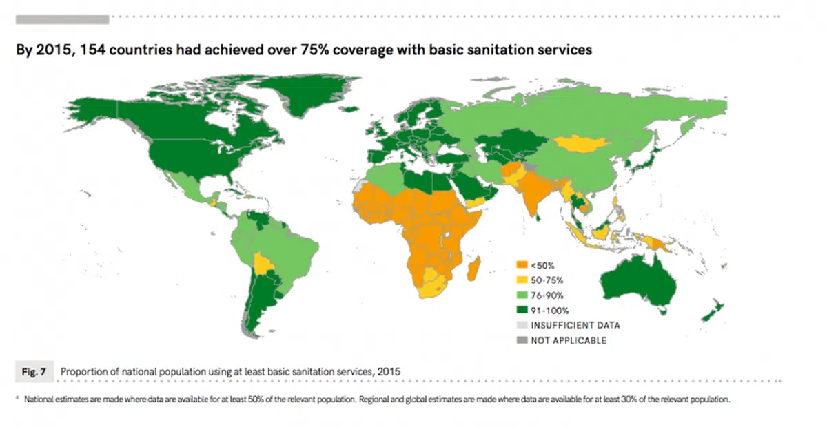  厕所排水系统普及度世界地图，深绿色为最普及（91%-100%），橘色为小于60%。（UNICEF） 