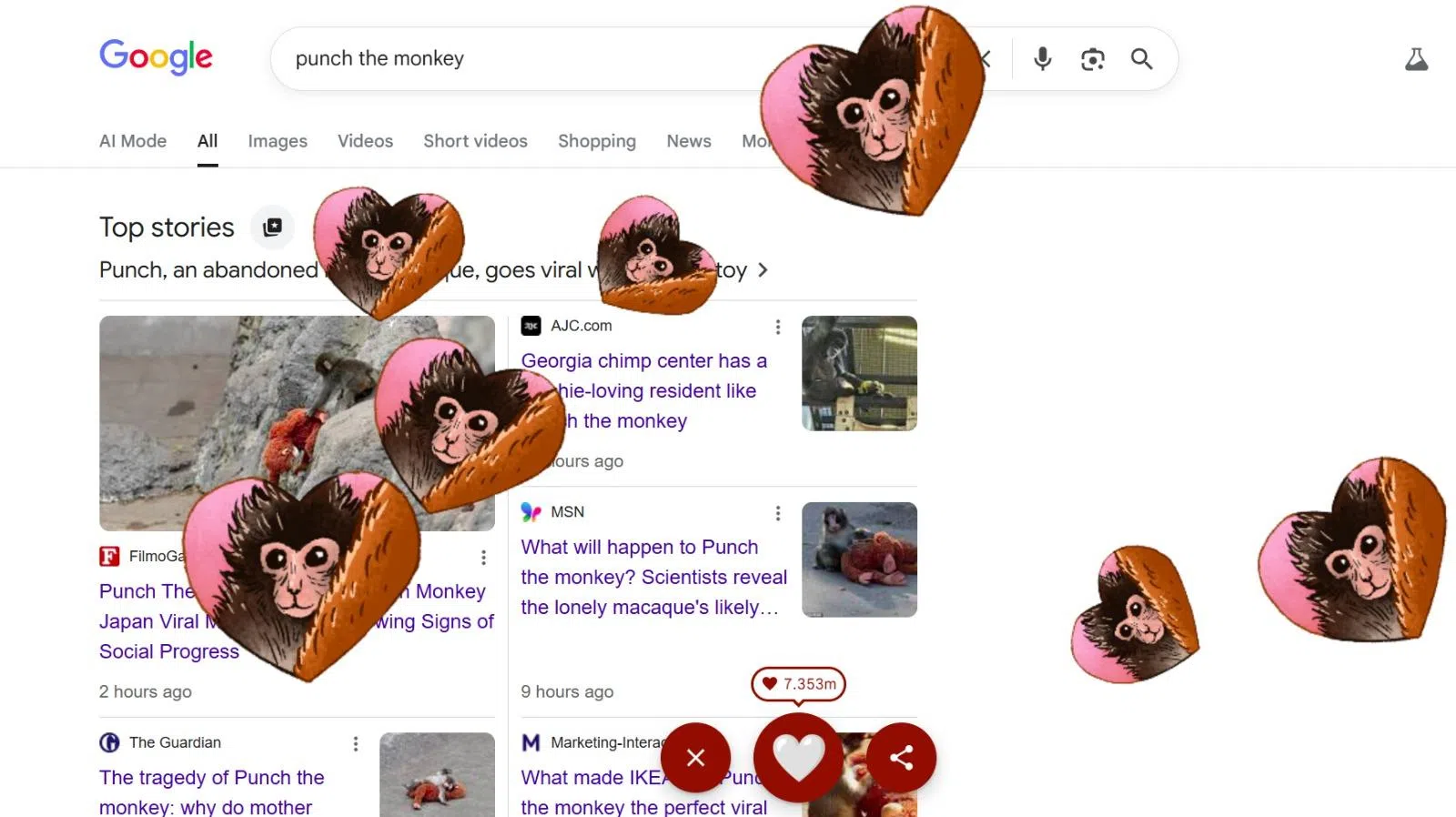 谷歌在2月26日推出“为Punch点赞”的活动。截至当天晚上8时，已有将近1100万人点了“红心”。