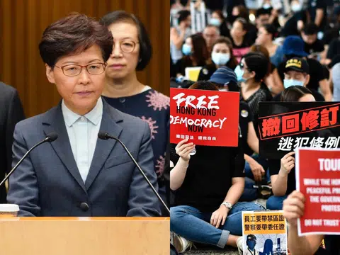 香港航空界职员发起机场集会，要求特首林郑月娥（左）回应五大诉求。（李国豪制图）