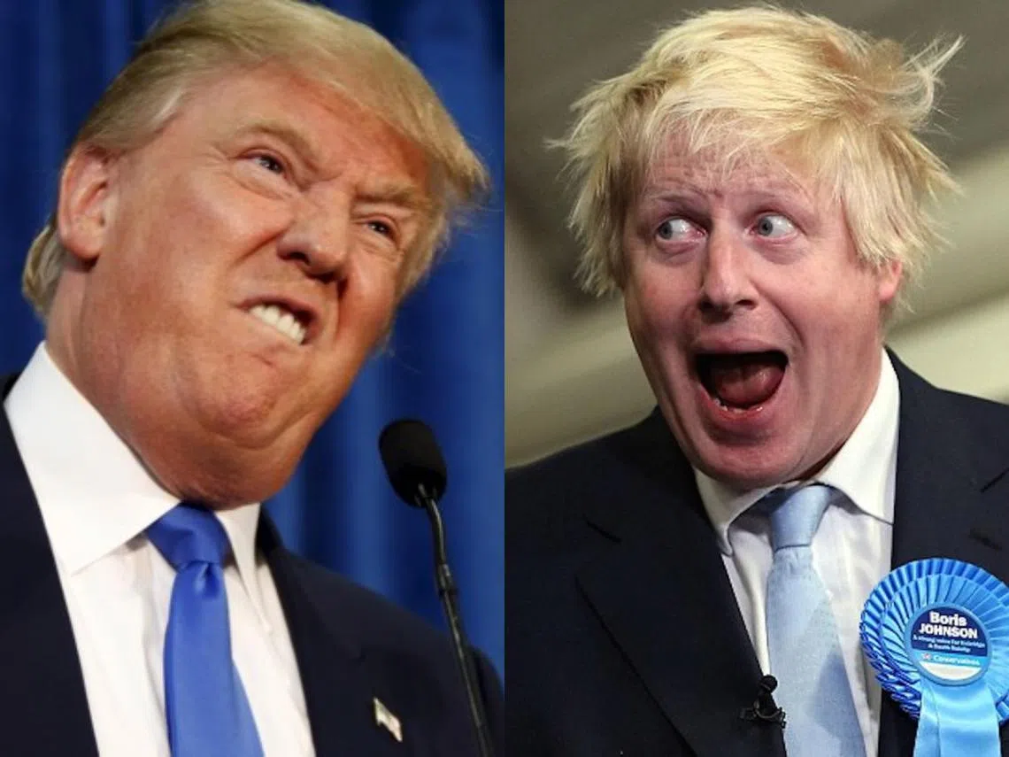 美国总统特朗普（左）和英国下任首相的大热人选鲍里斯约翰逊（右）都顶着一头闪耀金发。（李国豪制图）