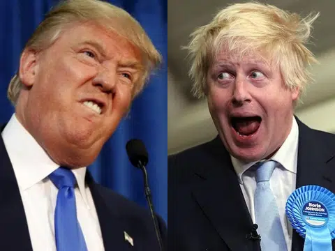 美国总统特朗普（左）和英国下任首相的大热人选鲍里斯约翰逊（右）都顶着一头闪耀金发。（李国豪制图）