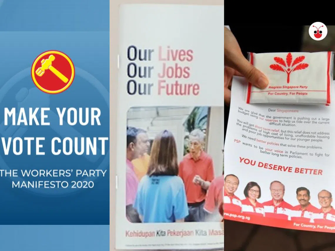 左起：工人党、人民行动党和新加坡前进党的竞选政纲。（红蚂蚁制图）