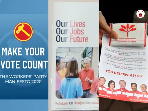 左起：工人党、人民行动党和新加坡前进党的竞选政纲。（红蚂蚁制图）