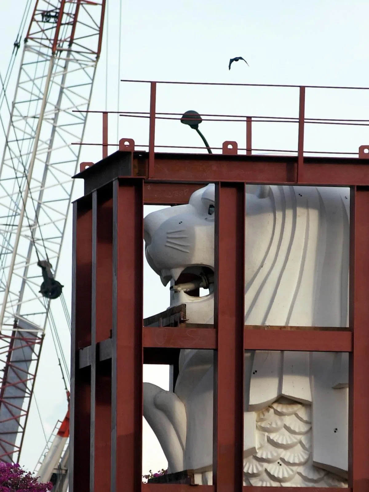 2002年，鱼尾狮“搬家”在即，在空中自由飞翔的鸟儿，是不是正在嘲笑着“困在笼中”的鱼尾狮？（新报）