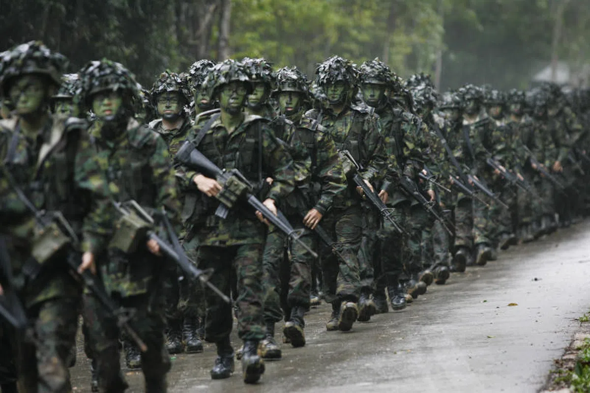  进行野外训练的新兵。（海峡时报） 