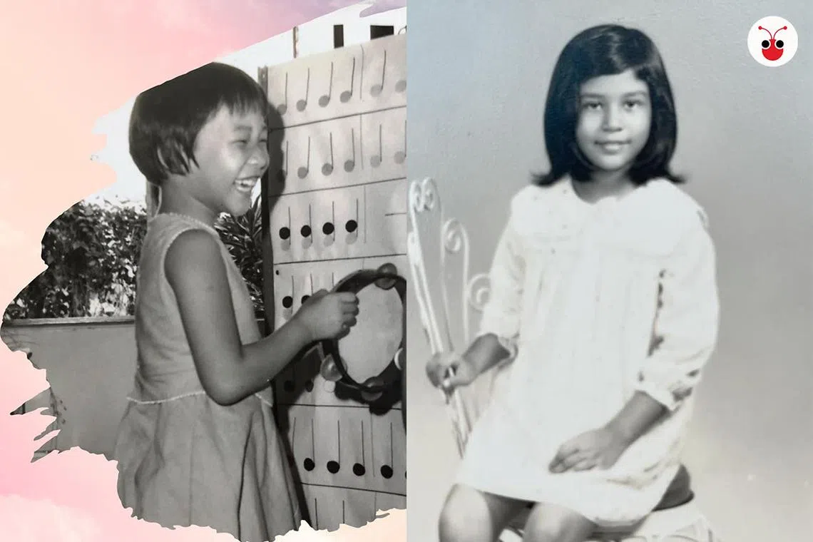 新加坡多名女部长和议员响应社交媒体运动，在面簿和Instagram上载童年旧照，分享儿时志向。图为傅海燕（左）和英兰妮的童年照片。（Grace Fu 面簿 / Indranee Rajah 面簿）