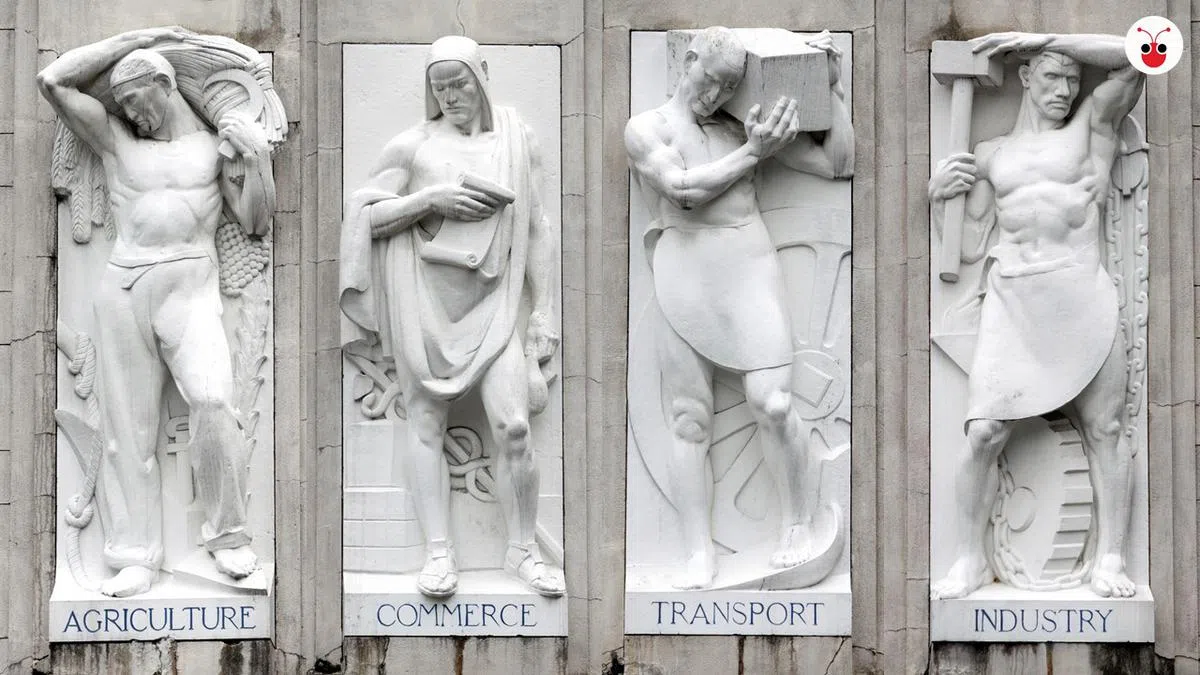 丹戎巴葛火车站外墙柱子上的四个大理石雕刻，分别代表农业、商业、交通和工业。（海峡时报 / 红蚂蚁制图）