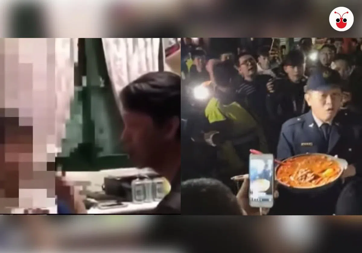  台湾一男子（左）因不满肉圆不辣而暴打儿子引众怒，民众手捧辣椒排队要教训他。（曾庆祥制图） 