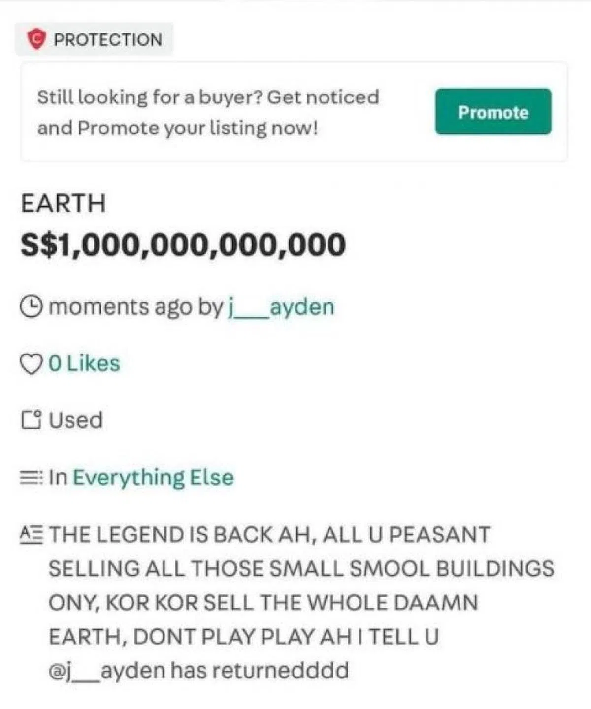  一个地球标价一兆新元。（sell.singapore Instagram） 