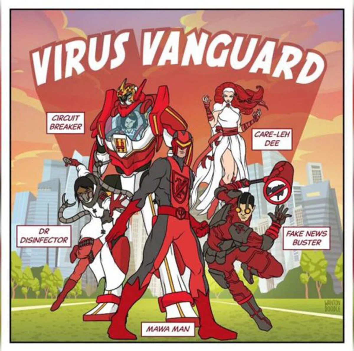  Gov.sg网站周一（20日）上载一组自创漫画人物，介绍五个取名“抗疫先锋”（Virus Vanguard）的超级英雄。漫画具体内容原本计划在之后刊登，讲述这些英雄在平行世界抗击冠病的故事。不料漫画一出，立刻引发网民热议。（互联网） 