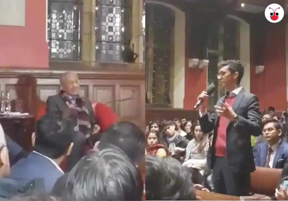  老马受邀到英国牛津大学辩论社发表演讲，小老马71岁的新加坡留学生向马国政坛老姜犀利提问。（郭跃男制图）    