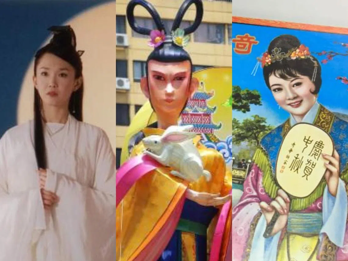 （左起）范文芳曾饰演嫦娥一角，制作牛车水中秋灯饰团队对嫦娥的传释，奇华饼家月饼盒上的嫦娥。（侯佩瑜制图）