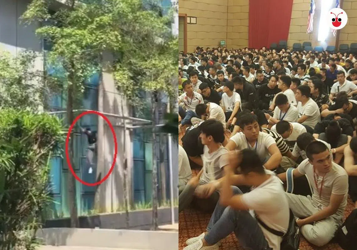 中国诈骗集团份子被马国执法人员追捕，一时情急从高处跳楼逃避追捕。（李国豪制图）