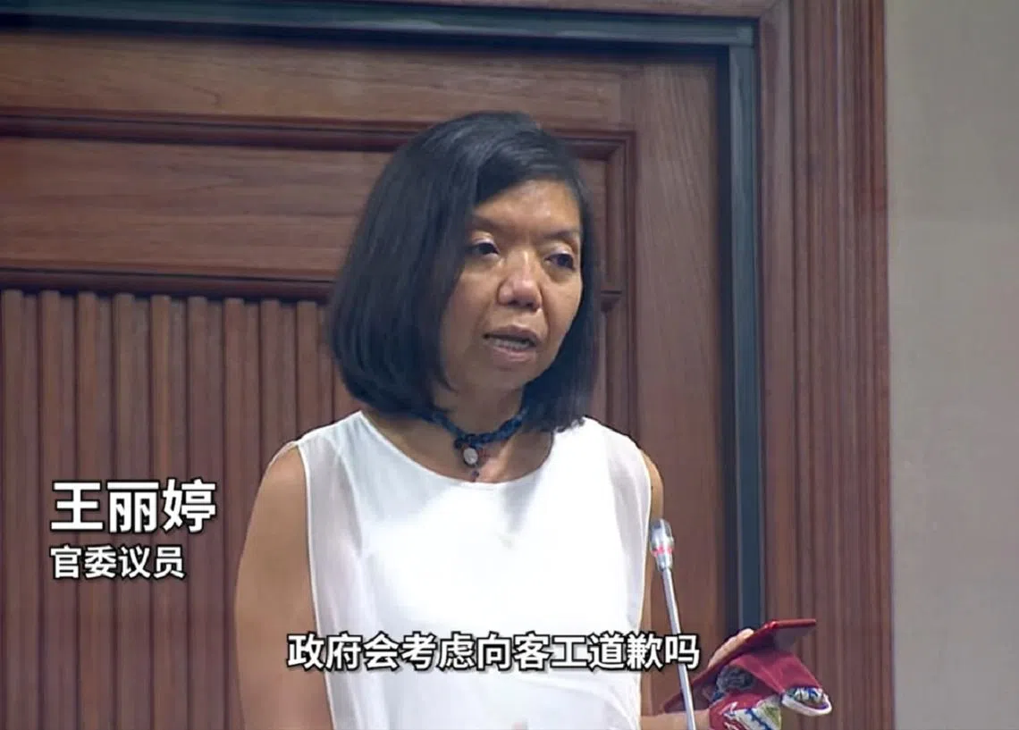 官委议员王丽婷5月4日在国会中提出一个非常顽皮的问题：我国当局必须代表新加坡及新加坡人向所有客工道歉。（早报视频截图）