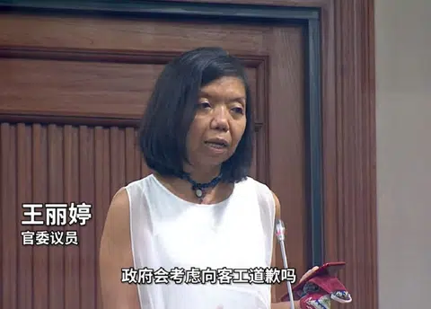 官委议员王丽婷5月4日在国会中提出一个非常顽皮的问题：我国当局必须代表新加坡及新加坡人向所有客工道歉。（早报视频截图）