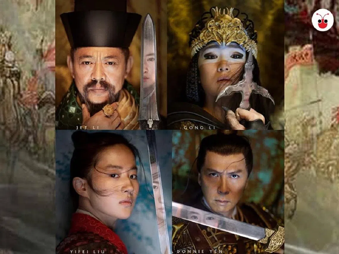 《花木兰》主演：李连杰（左上起）、巩俐、刘亦菲、甄子丹。（迪士尼）