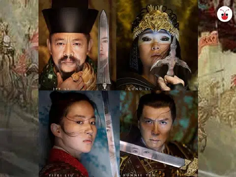 《花木兰》主演：李连杰（左上起）、巩俐、刘亦菲、甄子丹。（迪士尼）